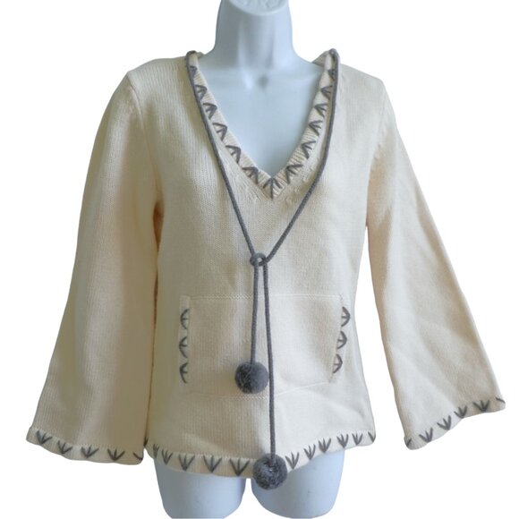 Alice + Olivia Boho Cream WooL Knit Sweater Gray Embroidery Hood Pocket Bell XS